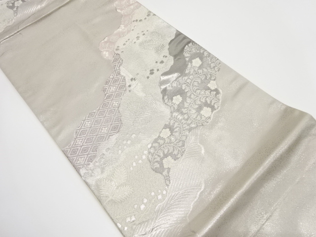 プラチナ二丁箔　道長取りに若松・花唐草模様織り出し　袋帯